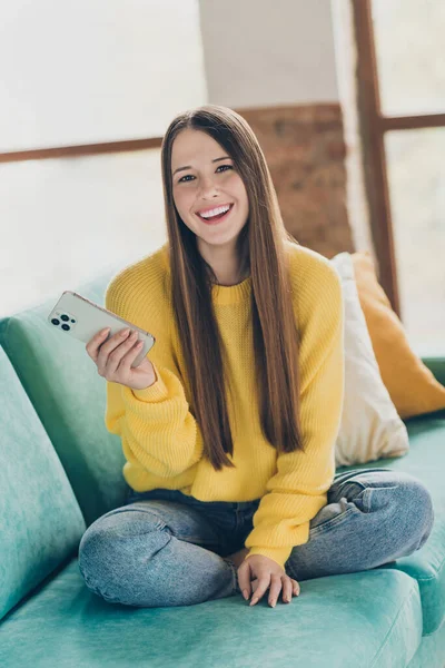 Full Body Vertical Portrait Excited Cheerful Nice Girl Sit Sofa — Stock Photo, Image