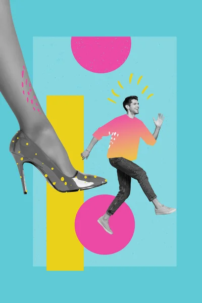 Creative artwork poster banner collage of young guy run fast away from large high heels kick him woman strength concept.