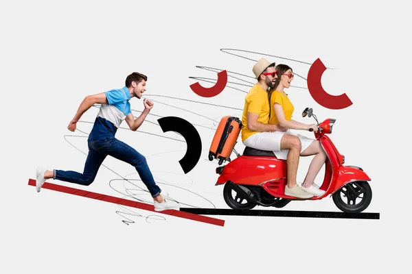 Revista Modelo Colagem Viagem Família Passeio Moto Ciclomotor Jovem Corrida — Fotografia de Stock