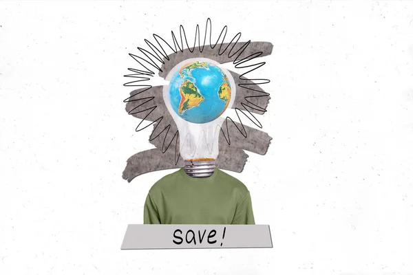 Metáfora Colagem Imagem Composta Ilustração Lâmpada Elétrica Sem Cabeça Planeta — Fotografia de Stock