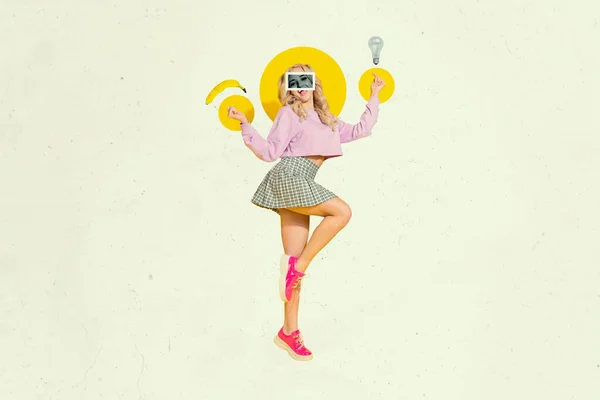 Immagine Collage Eccitato Positivo Bella Ragazza Ballando Lampadina Banana Frutta — Foto Stock