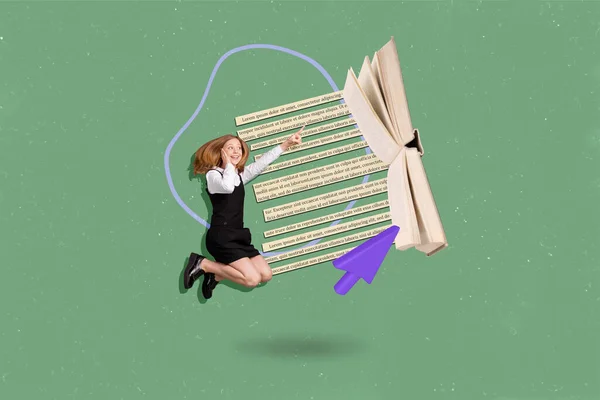 Creatieve Collage Van Opgewonden Mini Meisje Springen Punt Vinger Grote — Stockfoto