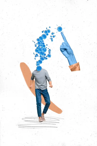 縦コラージュ画像の青アームポイント指明るい心バブルミニヘッドレス男絶縁上の白い背景 — ストック写真
