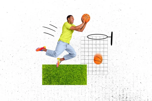 Collage Pinup Pop Retrò Schizzo Immagine Ragazzo Eccitato Giocare Basket — Foto Stock