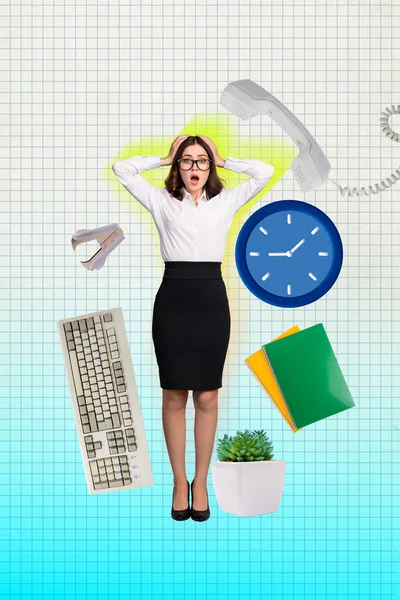 Plakatbanner Collage Einer Arbeiterin Beeindruckt Mit Vielen Aufgaben Beschäftigt Zeitmanagement — Stockfoto