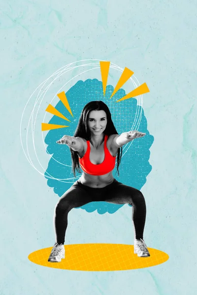 Full body photo of energetic sportswoman athlete coach professional trainer wear top leggings squats isolated on blue color background.