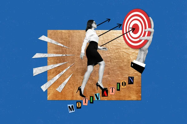 Collage Conceptual Motivación Creativa Joven Empresaria Alcanza Sus Metas Diana — Foto de Stock
