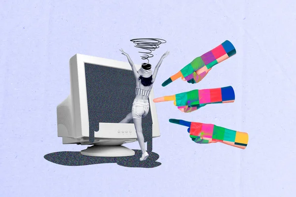 Collage Von Lustigen Mädchen Direkte Finger Süchtig Hypnotisiert Psychedelische Computerdisplay — Stockfoto