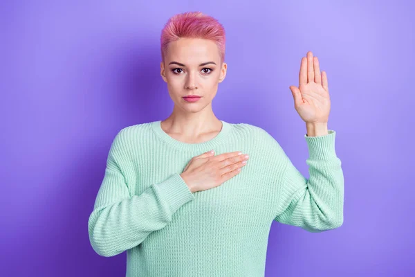 Photo Serious Confident Lady Dressed Teal Pullover Arm Chest Rising — Stock Photo, Image