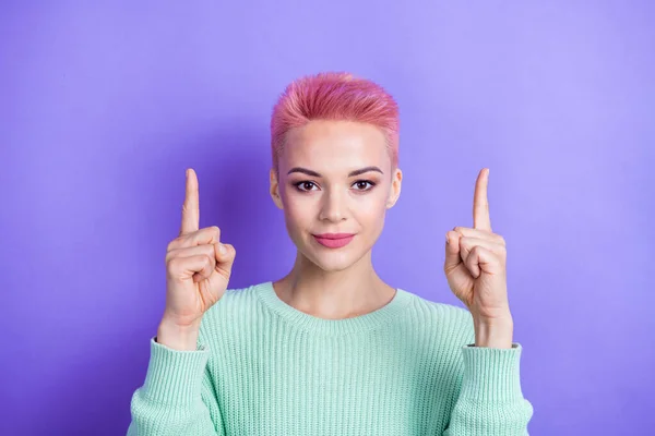 Photo Nice Gorgeous Girl Indicate Fingers Empty Space Teal Knit — Stock Photo, Image