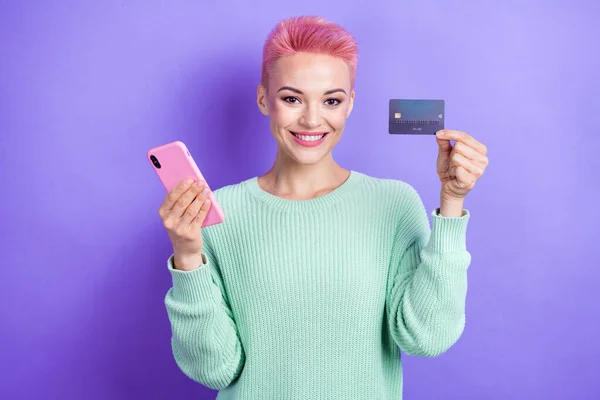 Photo Attractive Person Hold Smart Phone Plastic Debit Card Toothy — Stock Photo, Image
