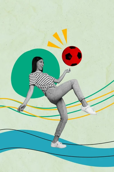 彩绘背景下孤立的正孢子黑白效应女童腿膝关节踢足球的垂直拼贴图像 — 图库照片