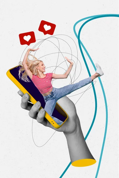 Collage Kunstwerk Illustration Von Youngster Mädchen Sportlerin Telefon Touchscreen Persönlichkeit — Stockfoto