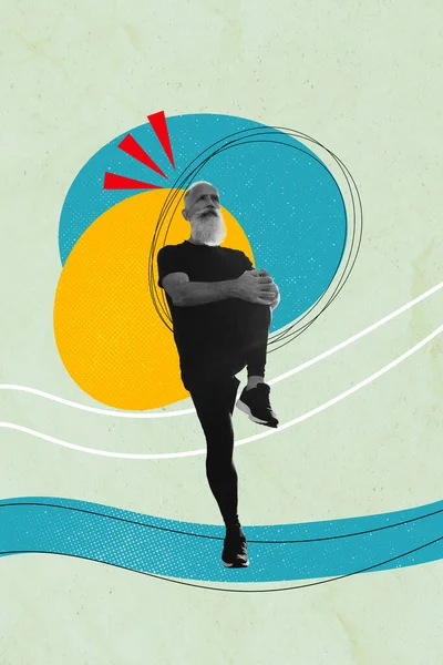 Πλήρες Κολάζ Σώμα Του Ισχυρού Αυτοπεποίθηση Συνταξιούχος Αθλητής Προθέρμανση Πόδι — Φωτογραφία Αρχείου