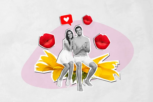 Collage Illustration Graphique Image Couple Souriant Heureux Obtenir Appareil Samsung — Photo