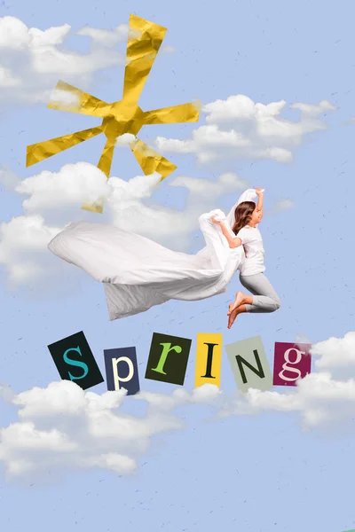 平和なのんきな女の子の垂直コラージュイメージは創造的な背景に隔離された毛布飛んで雲青い空紙の春のはがきを保持します — ストック写真