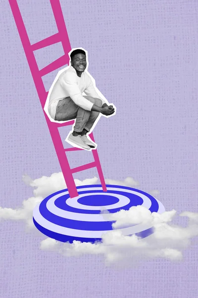 Vertical collage of positive mini black white effect guy climb ladder jump fall big goal darts board clouds sky isolated on violet background.