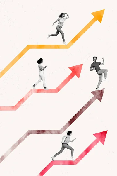 Vertikal Collage Foto Grafisk Ledare Roliga Företagare Konkurrens Produktivitet Effektivitet — Stockfoto