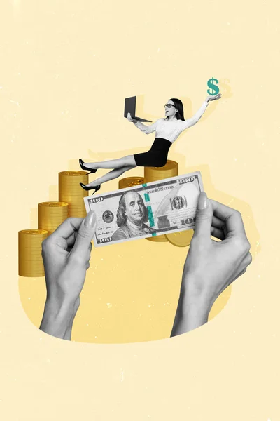 Collage Vertical Ambición Mujer Negocios Éxito Joven Dinero Monedas Oro —  Fotos de Stock