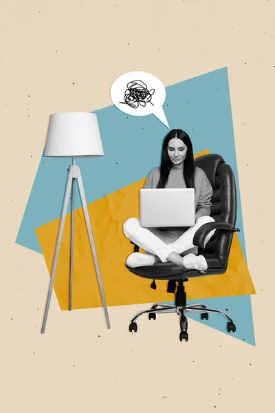 Vertikal Kreativ Komposit Fotokollage Trött Kvinna Som Arbetar Sent Laptop — Stockfoto