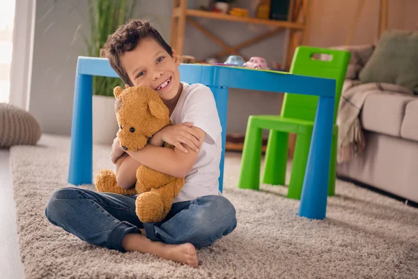 Portrait Nice Cheerful Cute Little Boy Sit Floor Embrace Play — Stock Photo, Image
