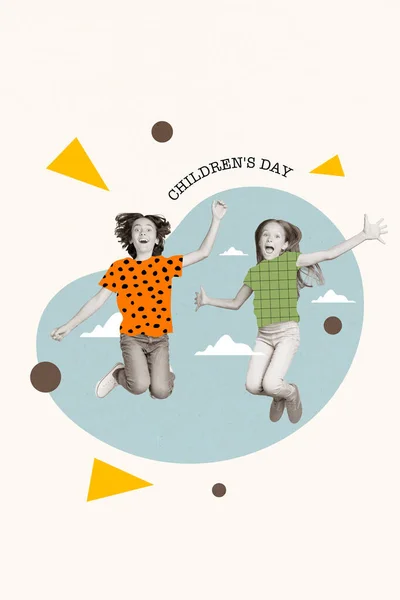 Verticale Illustratie Ansichtkaart Groet Gelukkige Kinderen Dag Kinderen Springen Trampoline — Stockfoto