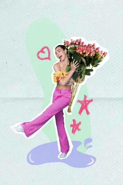 Collage 3d pinup pop retro sketch image of smiling carefree lady holding big huge bouquet isolated painting background.