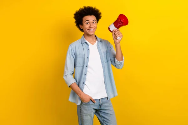 Photo Cheerful Positive Guy Dressed Denim Shirt Rising Loud Speaker — Stock Photo, Image