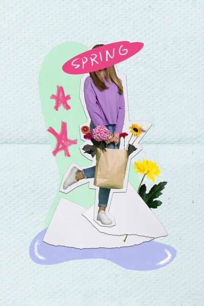 Pionowe Zdjęcie Kolaż Ilustracja Anonym Wiosna Trzymać Torba Świeże Kwiaty — Zdjęcie stockowe