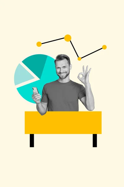 Plakát Kollázs Grafikát Boldog Pozitív Vállalkozó Irodai Asztal Elemzése Bitcoin — Stock Fotó