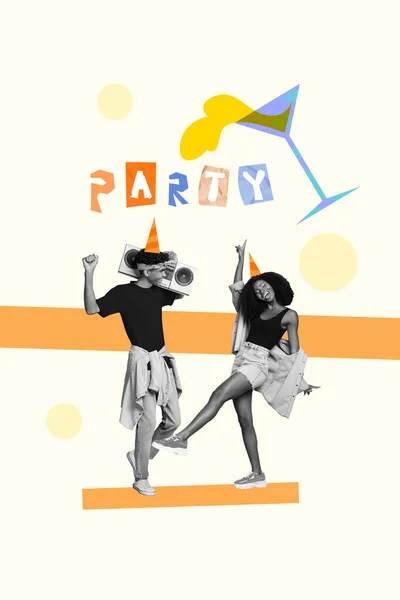 Vertikale Pinup Pop Collage Poster Von Überglücklichen Fröhlichen Menschen Hören — Stockfoto