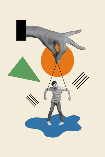 Kreativ Vertikal Collage Illustration Roliga Unga Hängande Marionett Kille Hålla — Stockfoto