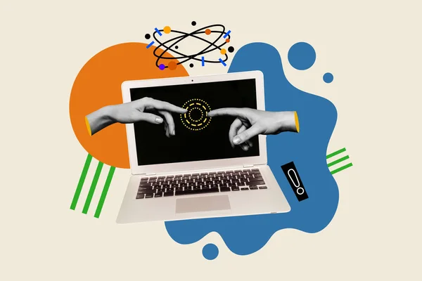 Collage Verbindung Teamarbeit Online Fernbedienung Arbeit Anzeige Laptop Innovation Wissenschaft — Stockfoto