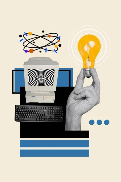 Colagem Ilustração Metáfora Hipnose Computador Exibir Gênio Ciência Inovação Eureka — Fotografia de Stock