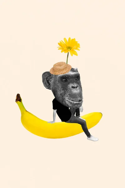 Retro Creative Artwork Collage Funny Chimpanzee Sitting Big Huge Banan — Stock Photo, Image