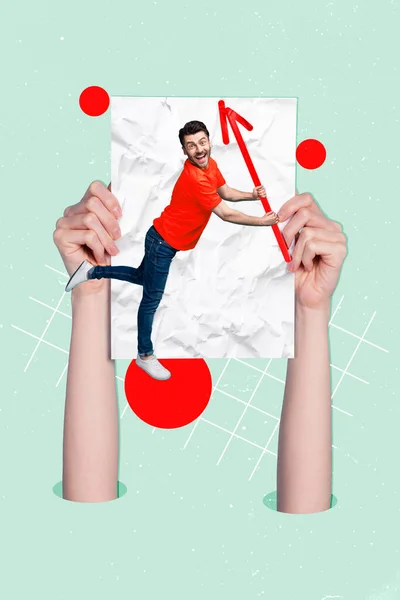 Plakát Koláž Obraz Veselý Blázen Chlap Ukazující Pokrok Šipky Zlepšující — Stock fotografie