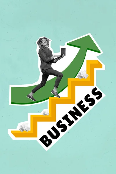 Creatief Business Concept Collage Motivatie Man Uitgevoerd Met Netbook Pijl — Stockfoto