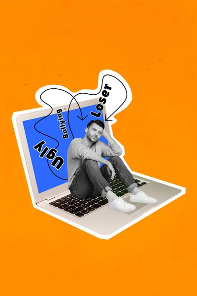 Photo Collage Minimal Picture Sad Unhappy Guy Getting Bullying Emails — Stock Photo, Image