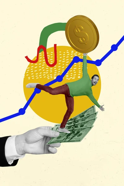 Colagem Cartaz Criativo Engraçado Jovem Empresário Manter Equilíbrio Mão Hold — Fotografia de Stock
