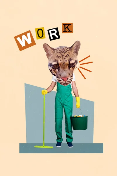 Vertical Creative Composite Photo Collage Serious Funny Man Worker Cat — Stock Photo, Image