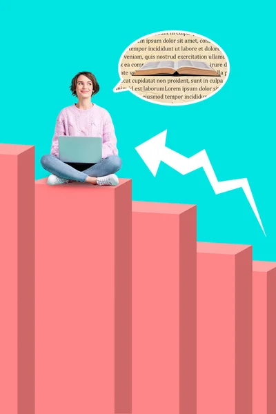 Verticale Collage Van Positieve Slimme Meisje Gebruik Netbook Denken Geest — Stockfoto