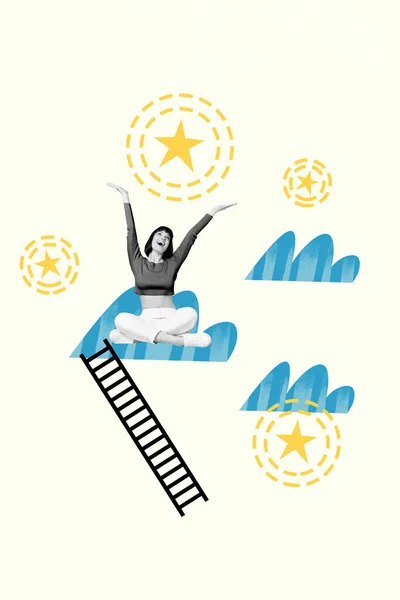 하늘에 무기력 정신나간 소녀가 배경에서 고립된 승리를 축하하는 포스터 콜라주 — 스톡 사진