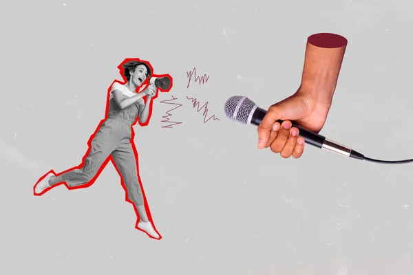 Collage Metaphor Woman Screaming Proclaim Bullhorn Huge Microphone Speaking Information — Stock Photo, Image