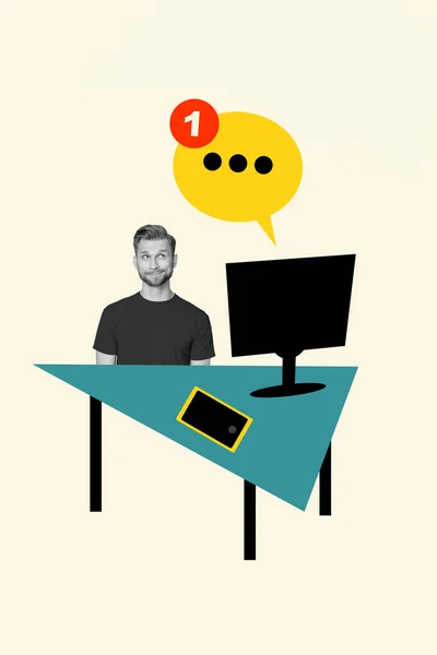 图片模板3D 心事重重的人坐在桌子上工作 阅读孤立在绘画背景下的电子邮件的图片 — 图库照片