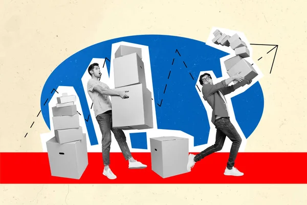 Creative Retro Collage Image Funny Guys Moving Relocating New Bigger — Stock Photo, Image