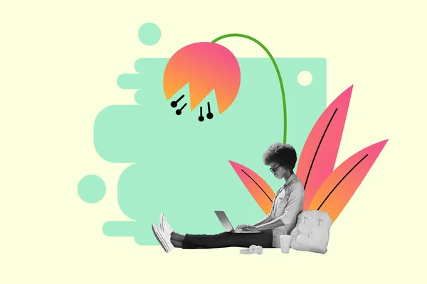 Collage Joven Estudiante Sentada Naturaleza Aire Libre Dibujado Flor Surrealista —  Fotos de Stock