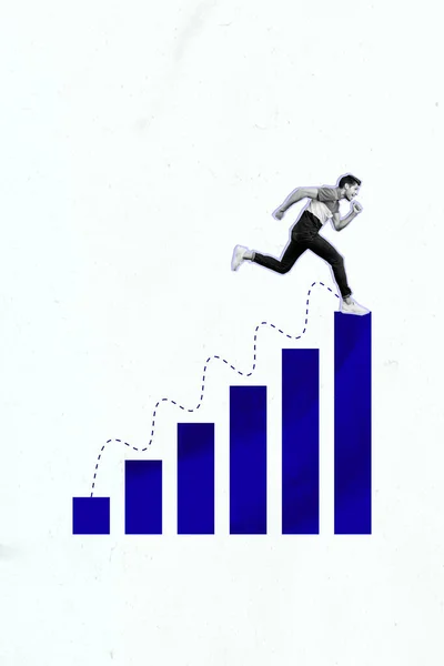 Креативный Рисунок Коллаж Изображающий Взволнованного Молодого Человека Бегущего Вверх Анализируя — стоковое фото