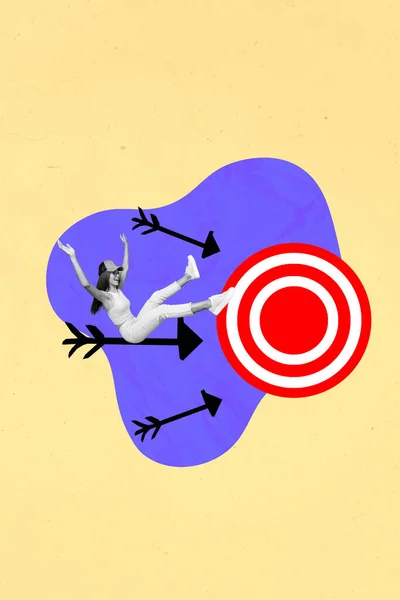 Foto Colagem Imagem Mínima Engraçado Animado Senhora Sentado Seta Voando — Fotografia de Stock