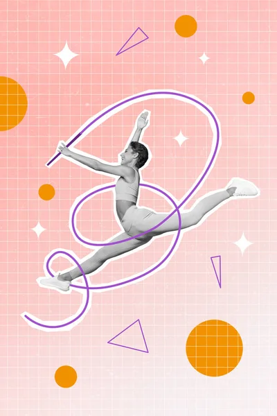 黑白色正色柔韧女子体操跳跃手握着彩绘背景线绳的垂直拼贴图 — 图库照片