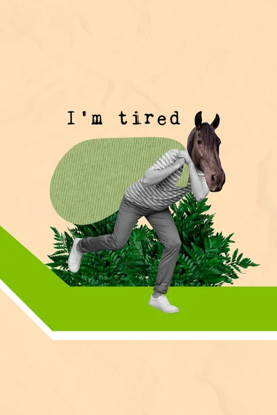 Creative Abstract Template Collage Image Tired Guy Hard Working Horse — Stock Photo, Image